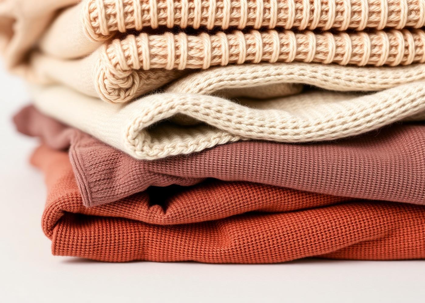 Stack of folded knitwear in natural and clay tones