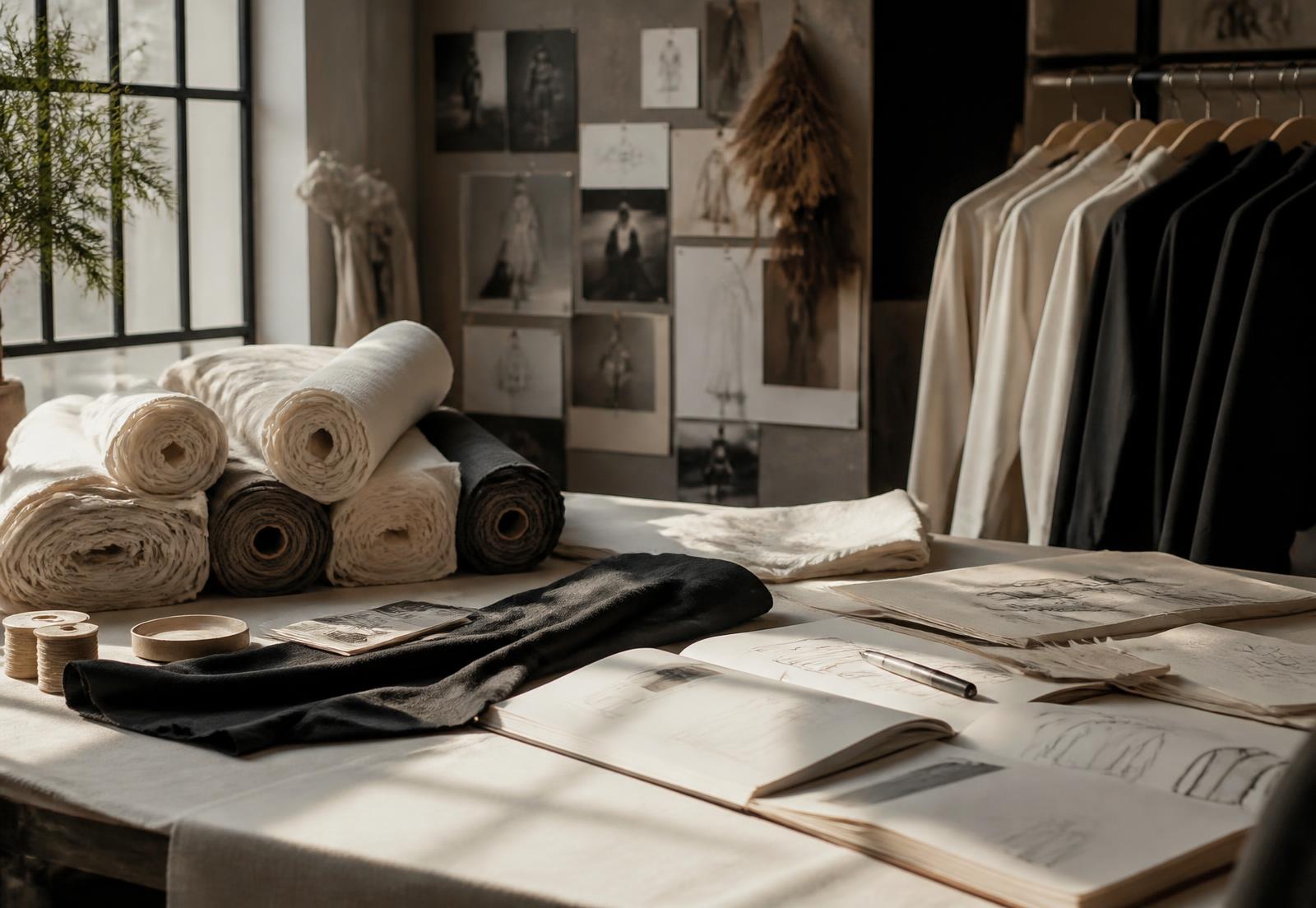 Kensei design studio with fabric rolls, sketchbooks and sample garments